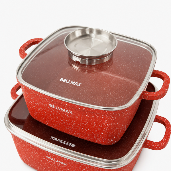 Гранітний набір посуду для кухні BellMax BM-312, 9 предметів, червоні антипригарні каструлі + ПОДАРУНОК: Кава мелена арабіка 250 г BM-312 фото